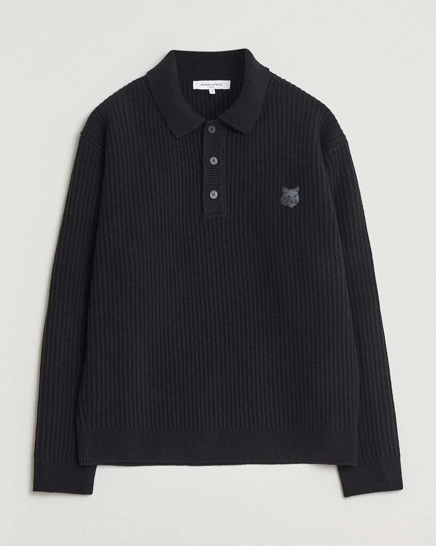 Men | Sweaters & Knitwear | Maison Kitsuné | Tonal Fox Head Wool Ribbed Polo Black