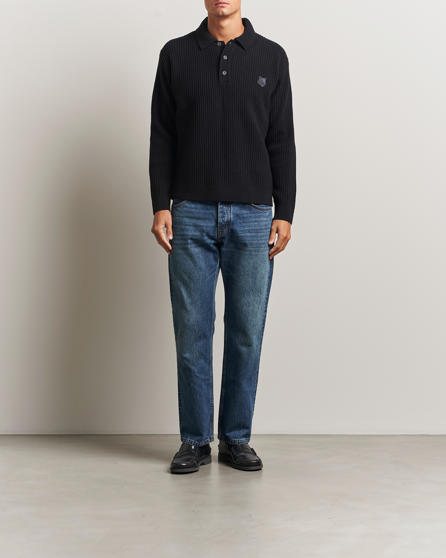 Men | Sweaters & Knitwear | Maison Kitsuné | Tonal Fox Head Wool Ribbed Polo Black