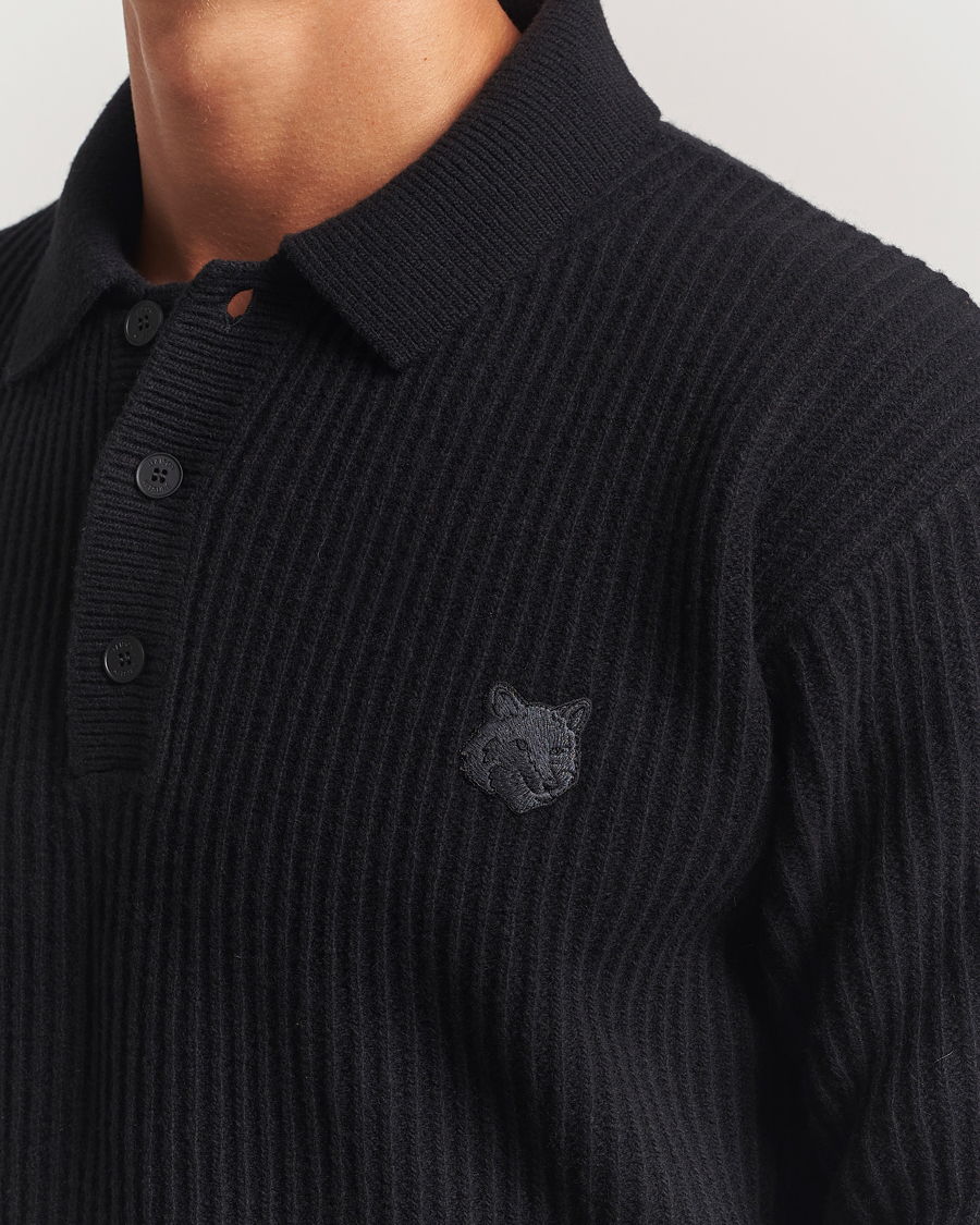 Men | Sweaters & Knitwear | Maison Kitsuné | Tonal Fox Head Wool Ribbed Polo Black