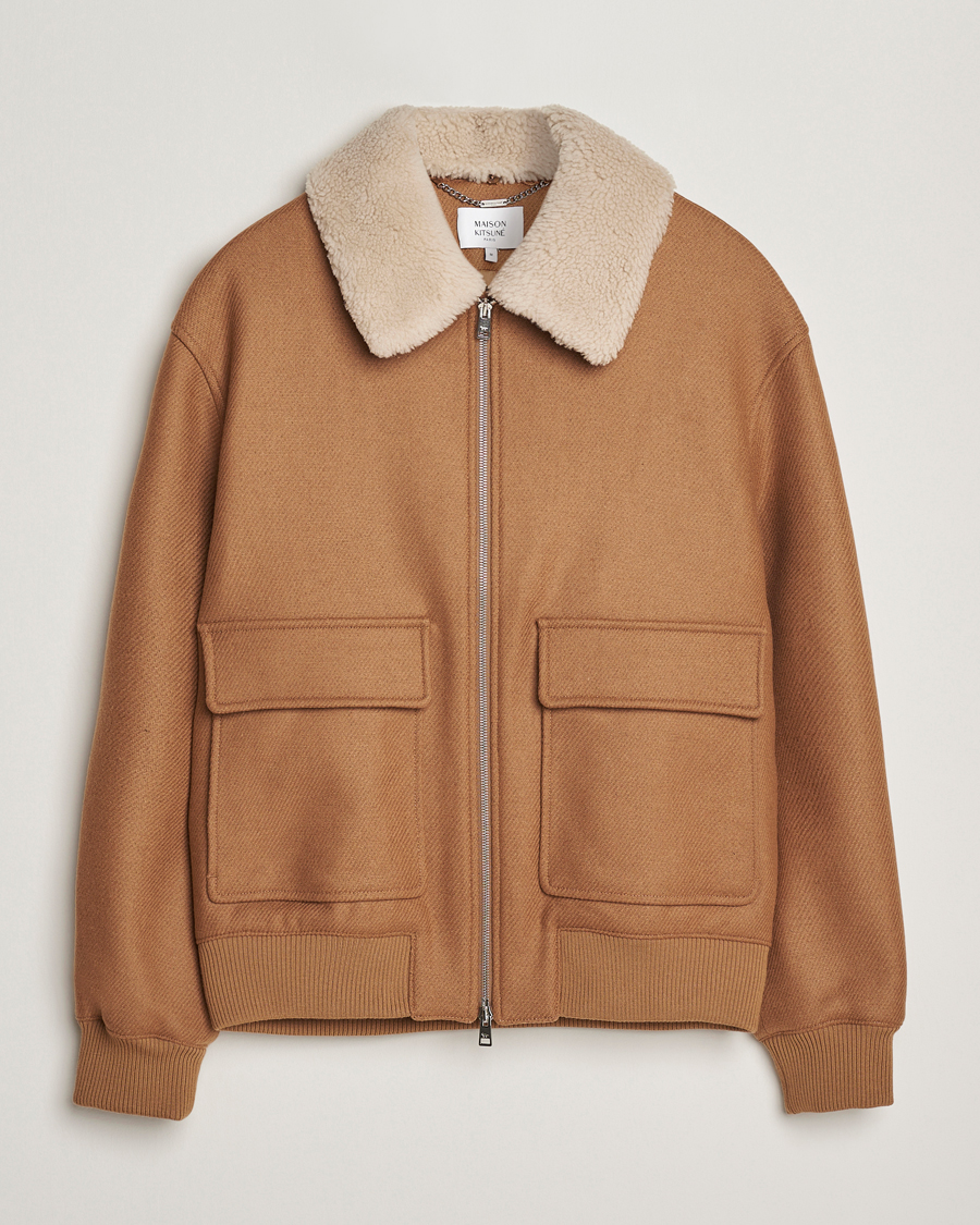 Maison Kitsuné Wool Shearling Collar Aviator Jacket Ginger Brown