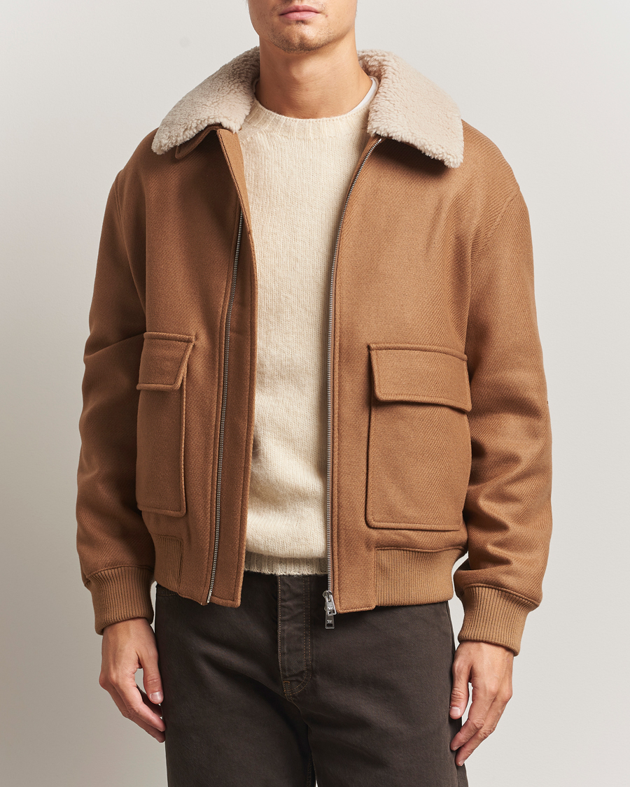 Maison Kitsuné Wool Shearling Collar Aviator Jacket Ginger Brown