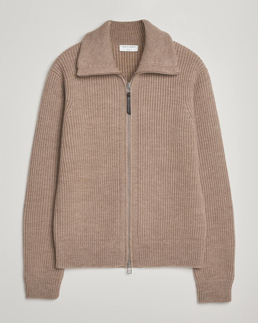 Men | Sweaters & Knitwear | Tiger of Sweden | Niall Heavy Wool Full Zip Beige Melange