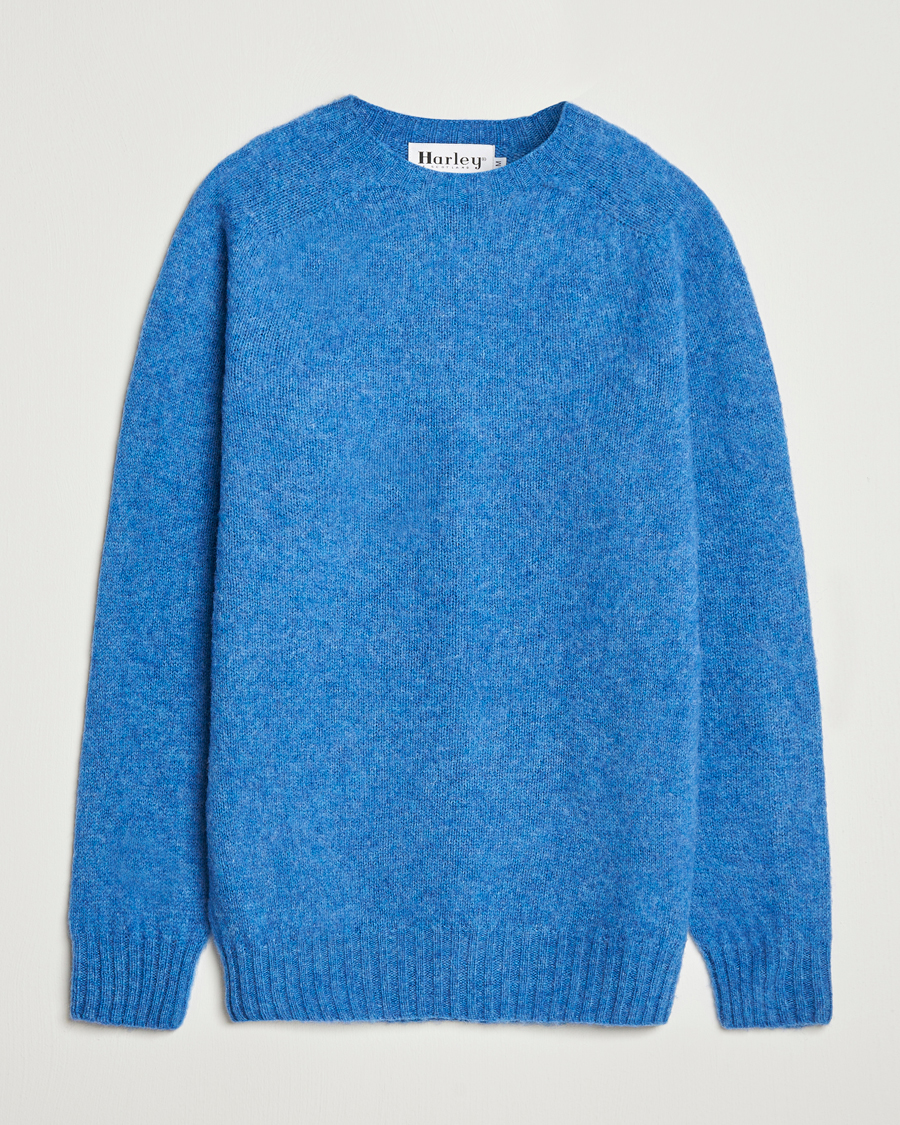 Men | Sweaters & Knitwear | Harley Of Scotland | Brushed Supersoft Lambswool Crewneck Cobalt