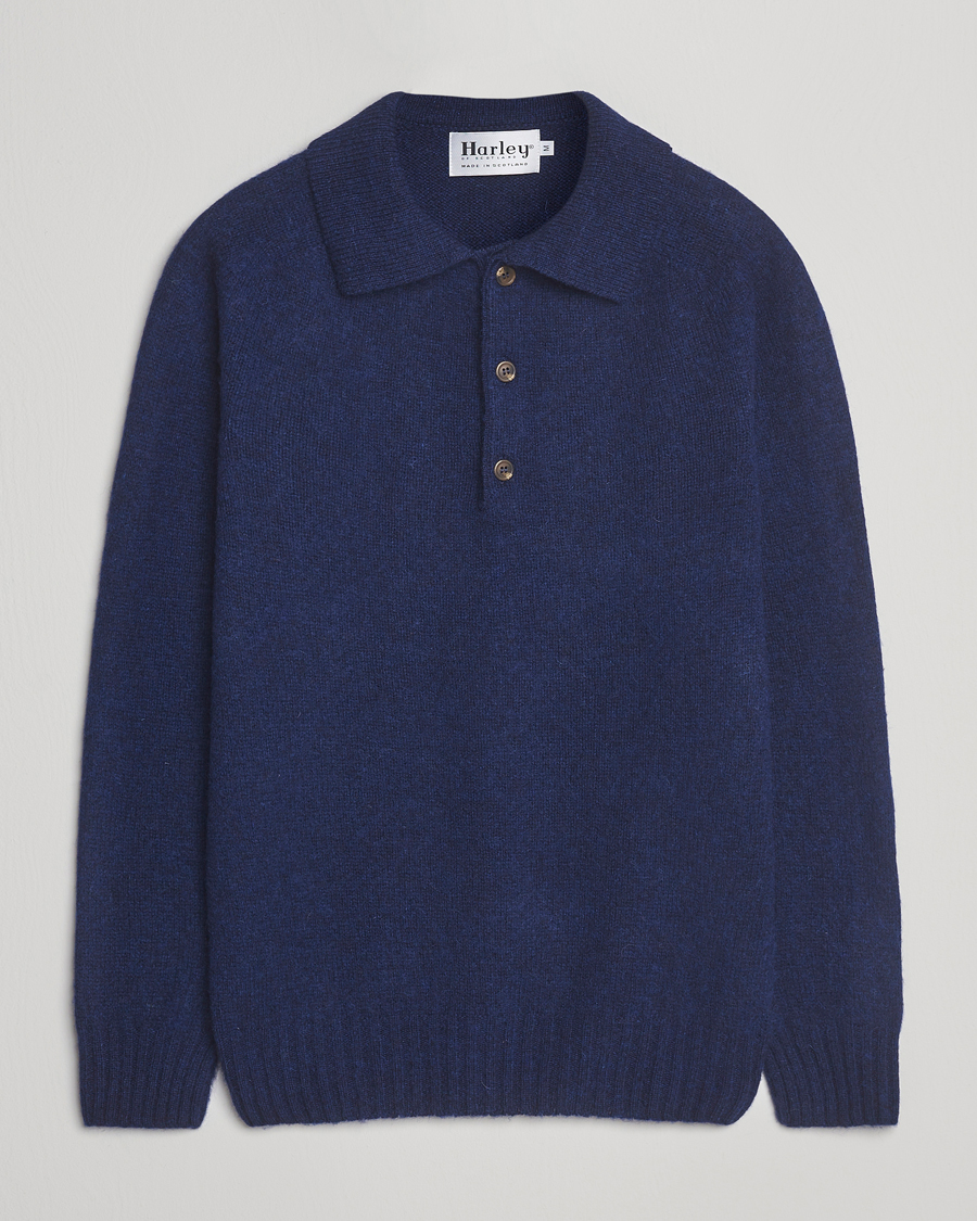 Men | Sweaters & Knitwear | Harley Of Scotland | Brushed Supersoft Lambswool Polo Nightsky