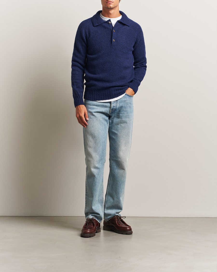 Men | Sweaters & Knitwear | Harley Of Scotland | Brushed Supersoft Lambswool Polo Nightsky