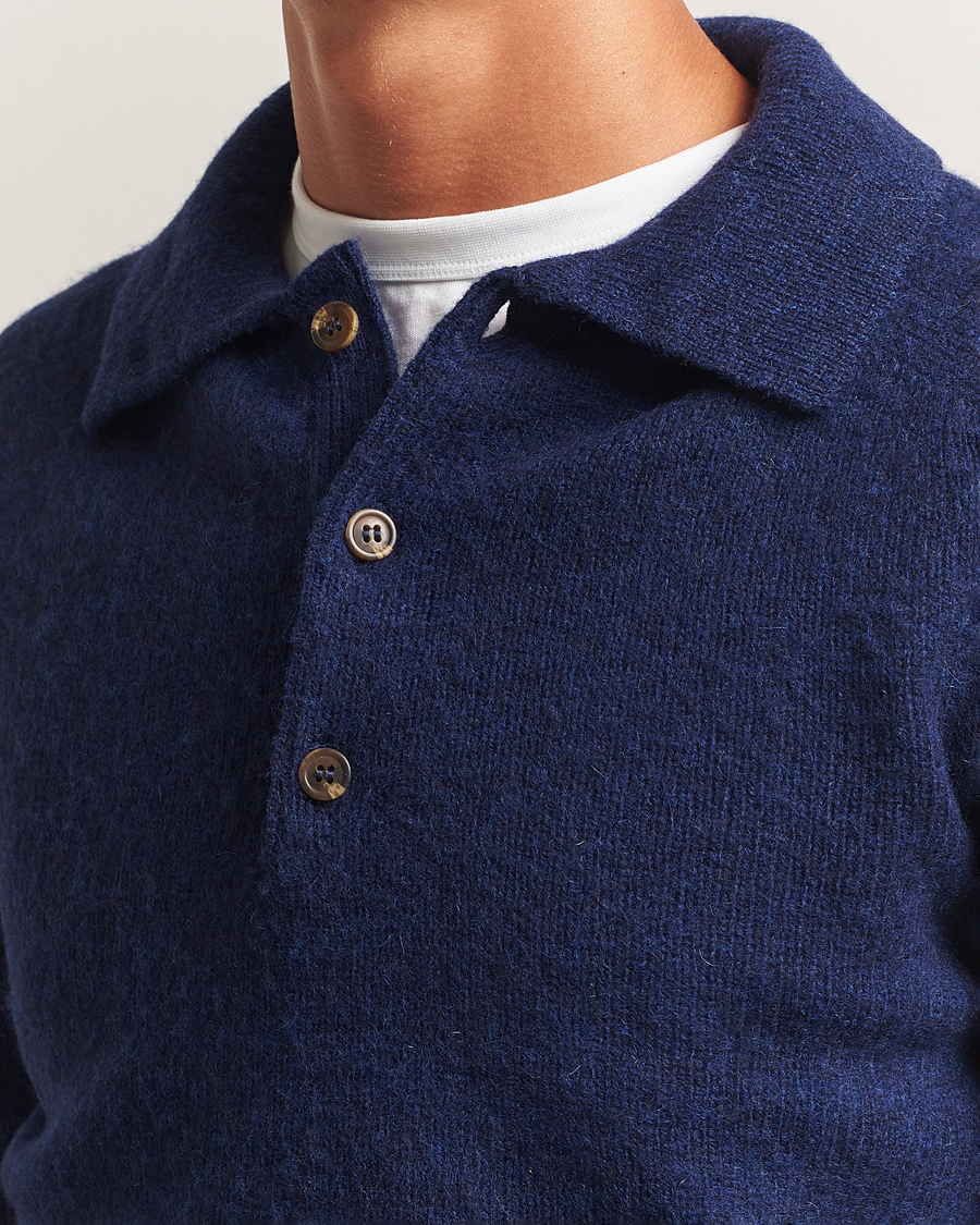 Men | Sweaters & Knitwear | Harley Of Scotland | Brushed Supersoft Lambswool Polo Nightsky