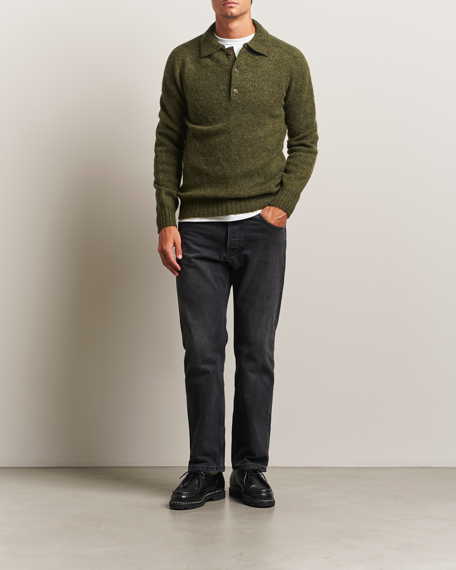 Men | Sweaters & Knitwear | Harley Of Scotland | Brushed Supersoft Lambswool Polo Scots Pine