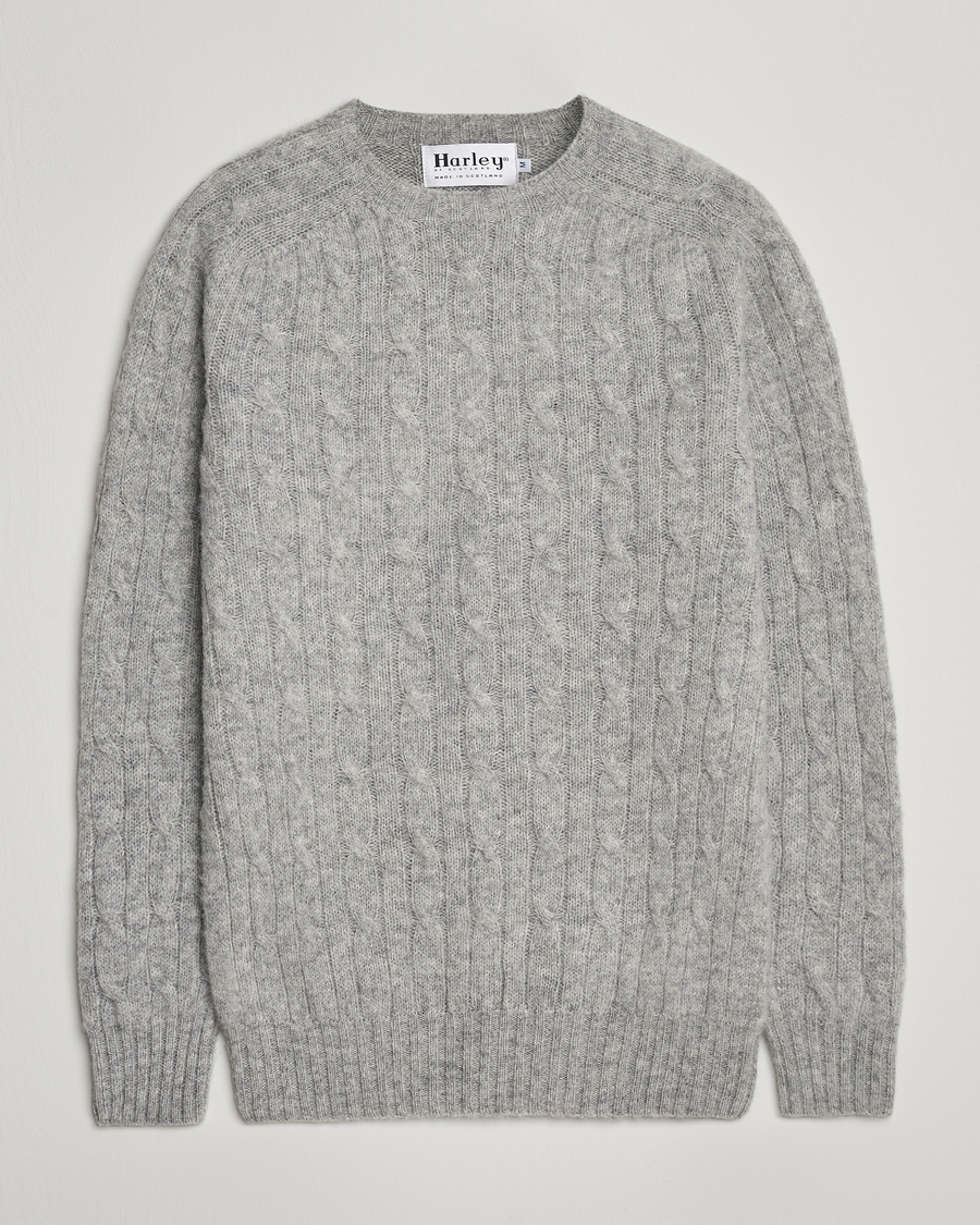 Men | Sweaters & Knitwear | Harley Of Scotland | Brushed Supersoft Lambswool Cable Silver