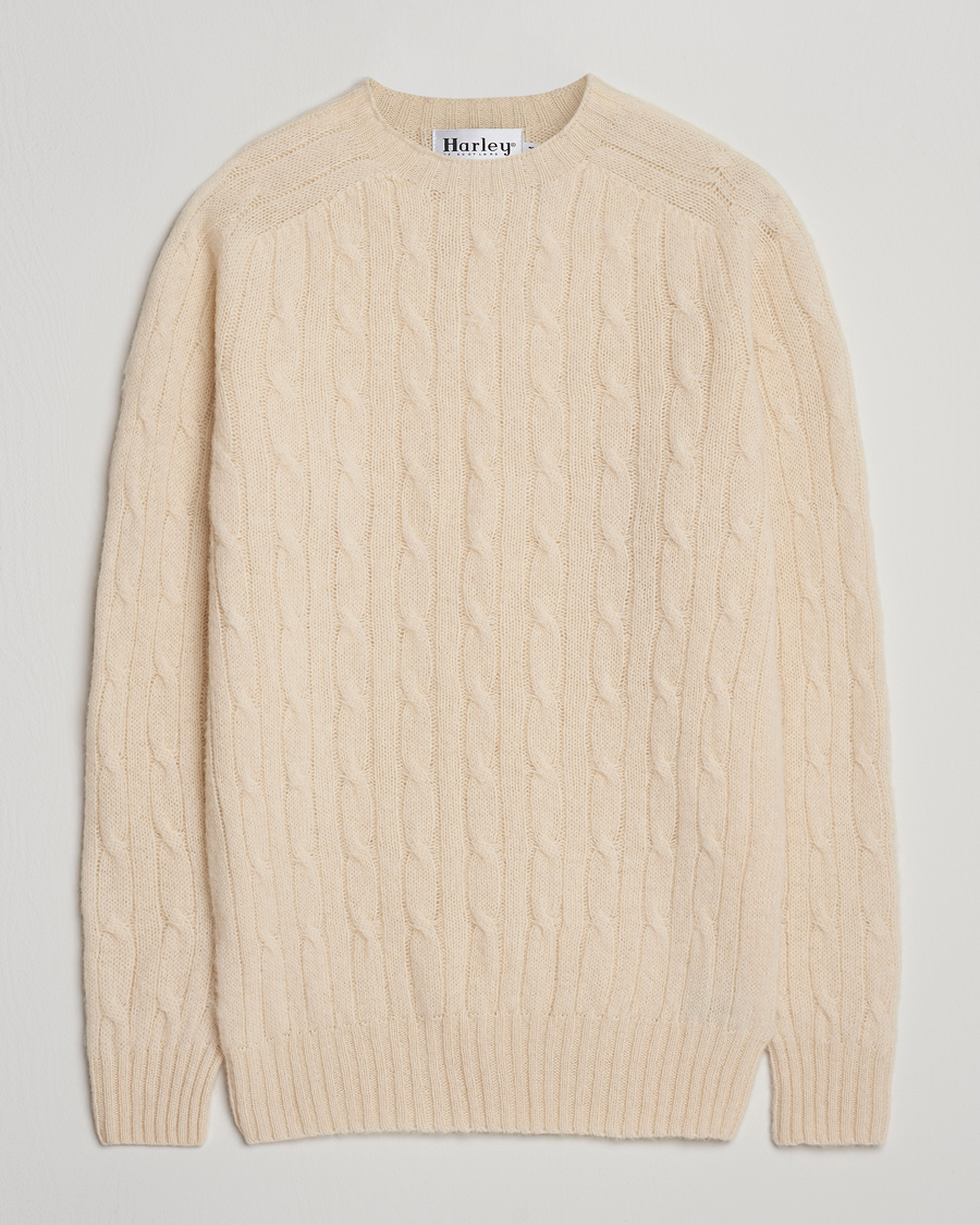 Men | Sweaters & Knitwear | Harley Of Scotland | Brushed Supersoft Lambswool Cable Vanilla