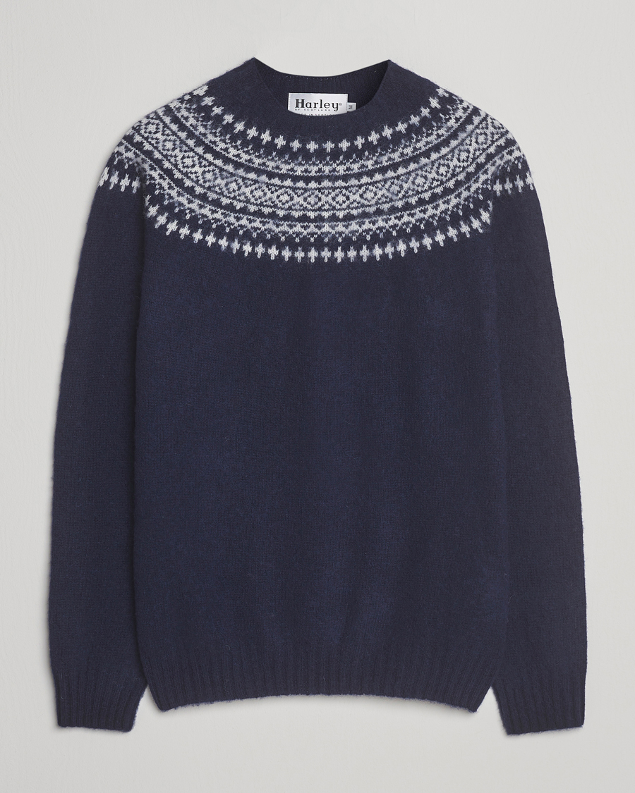 Men | Sweaters & Knitwear | Harley Of Scotland | Brushed Supersoft Lambswool Yolk Fairisle Navy