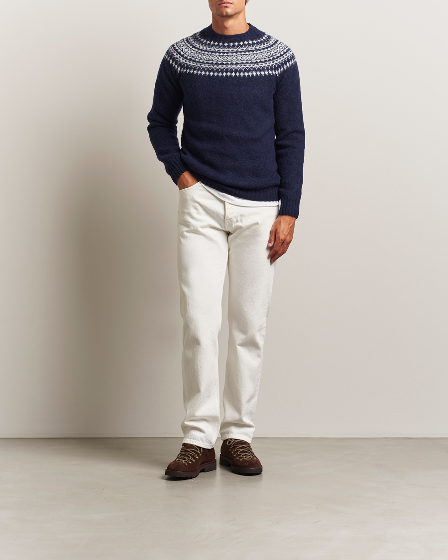 Men | Sweaters & Knitwear | Harley Of Scotland | Brushed Supersoft Lambswool Yolk Fairisle Navy