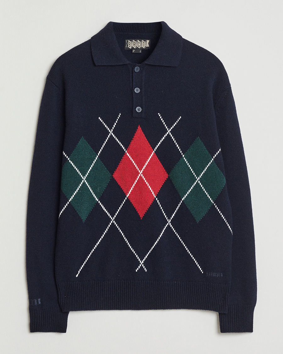 Men | Sweaters & Knitwear | Baracuta | Argyle Wool Polo Neck Navy