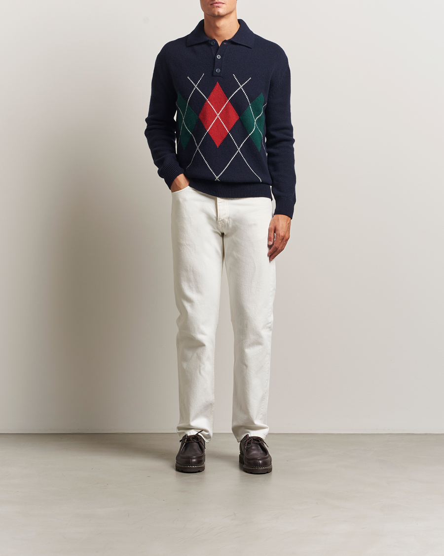Men | Sweaters & Knitwear | Baracuta | Argyle Wool Polo Neck Navy