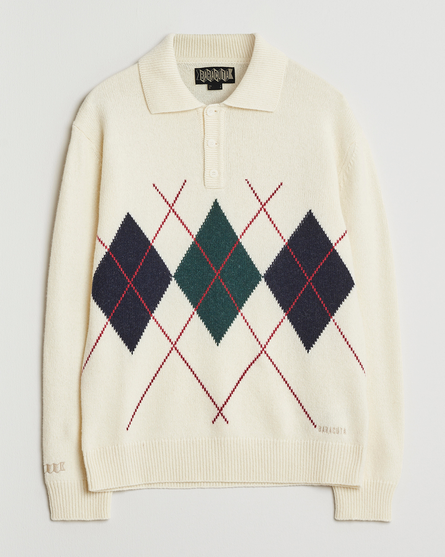 Men | Sweaters & Knitwear | Baracuta | Argyle Wool Polo Neck Antique White