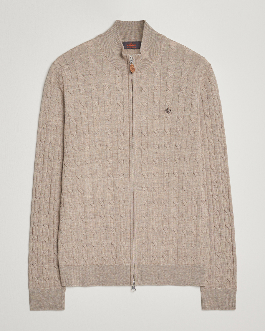 Men | Sweaters & Knitwear | Morris | Merino Cable Zip Cardigan Khaki