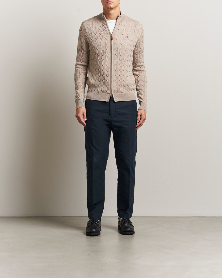 Men | Sweaters & Knitwear | Morris | Merino Cable Zip Cardigan Khaki