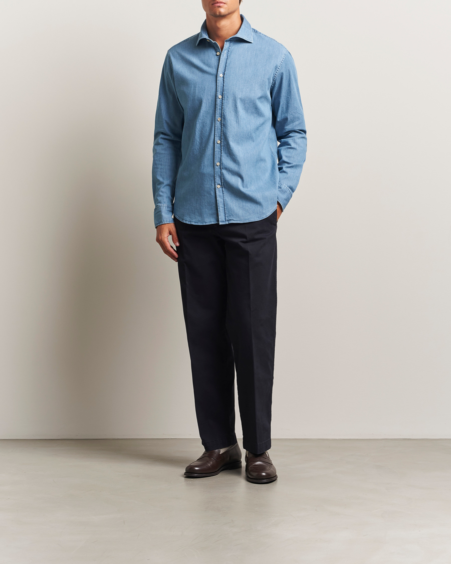 Men | Shirts | Stenströms | Regular Fit Garment Washed Shirt Light Denim