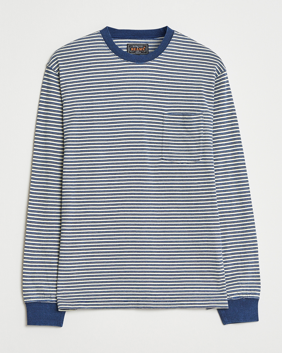 Men | T-Shirts | BEAMS PLUS | Indigo Stripe Long Sleeve T-Shirt White/Navy
