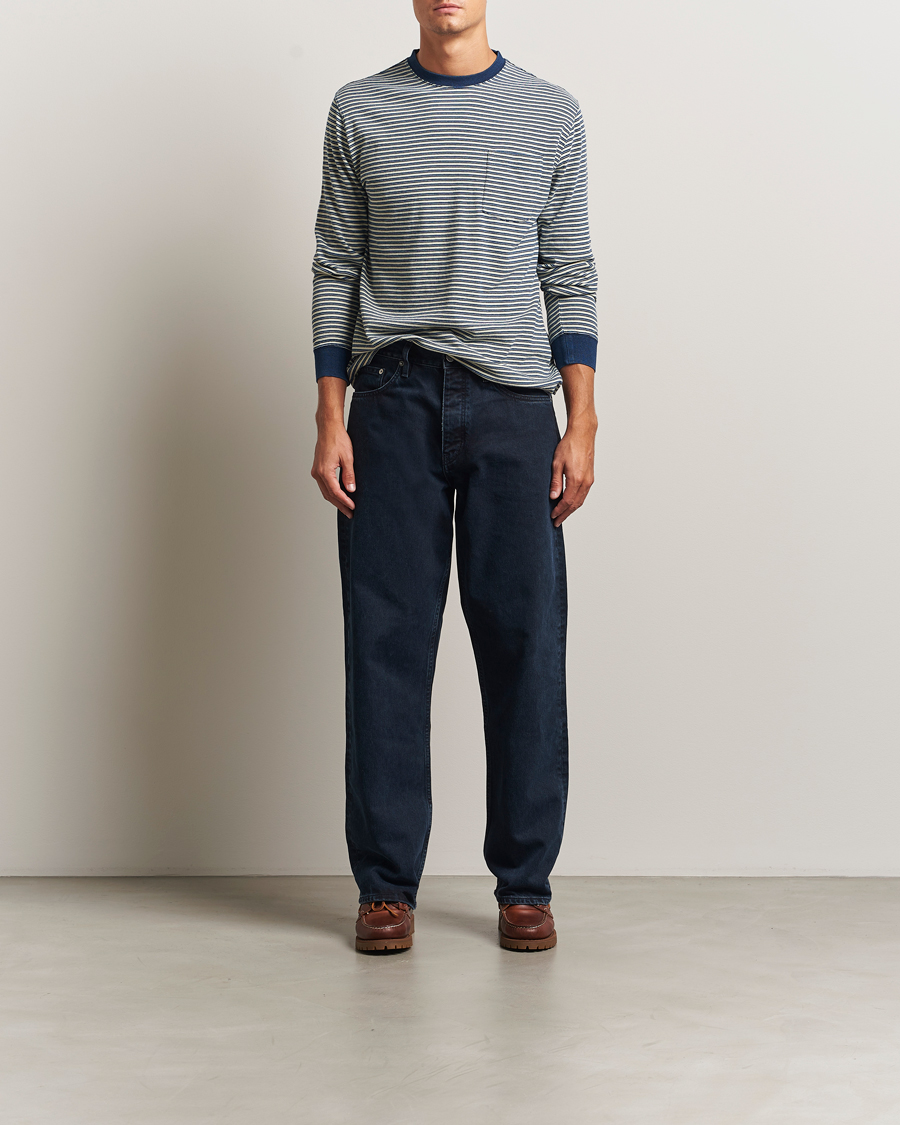 Men | T-Shirts | BEAMS PLUS | Indigo Stripe Long Sleeve T-Shirt White/Navy