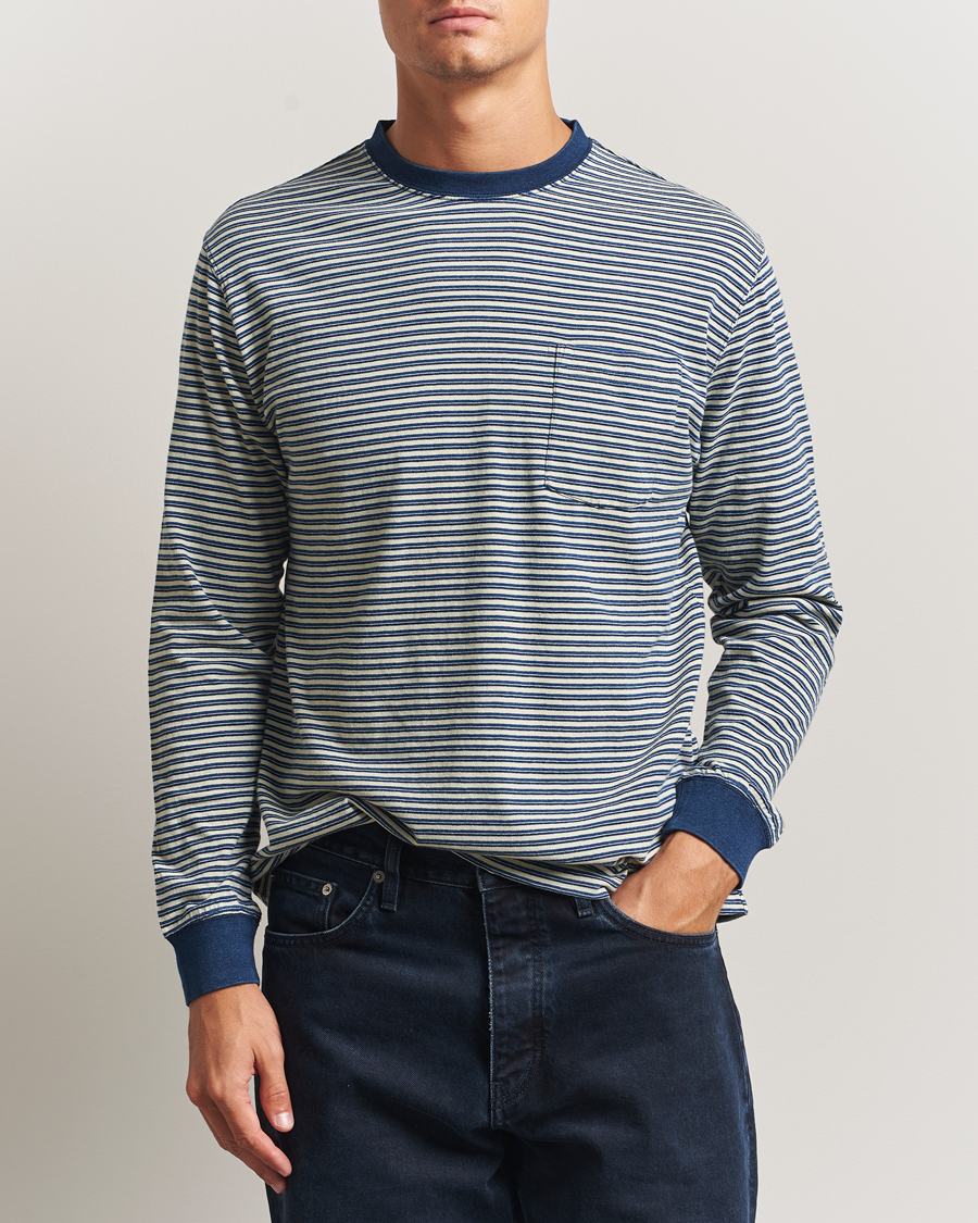 Men | T-Shirts | BEAMS PLUS | Indigo Stripe Long Sleeve T-Shirt White/Navy