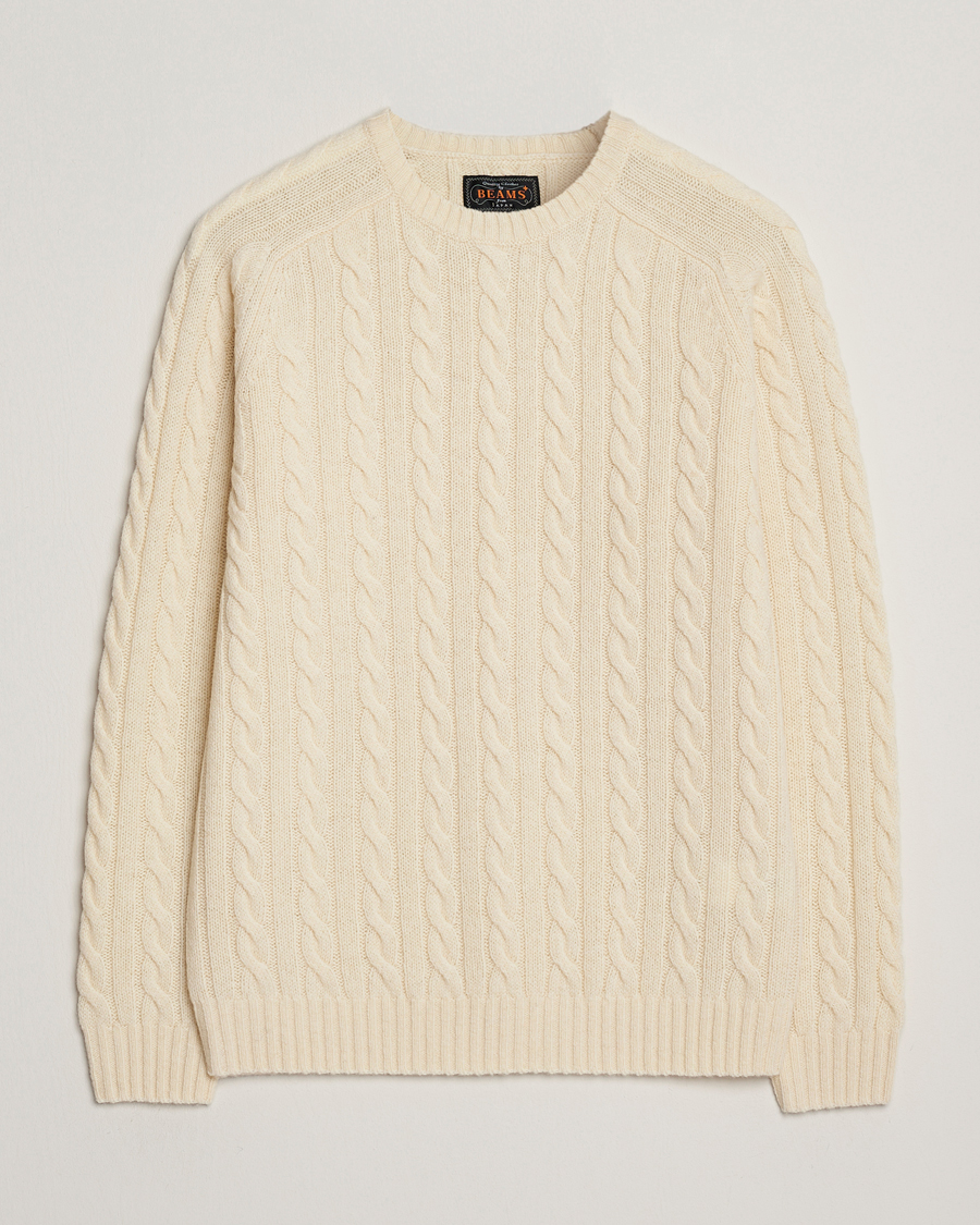 BEAMS PLUS Cable Crew Neck Sweater Off White at CareOfCarl.com
