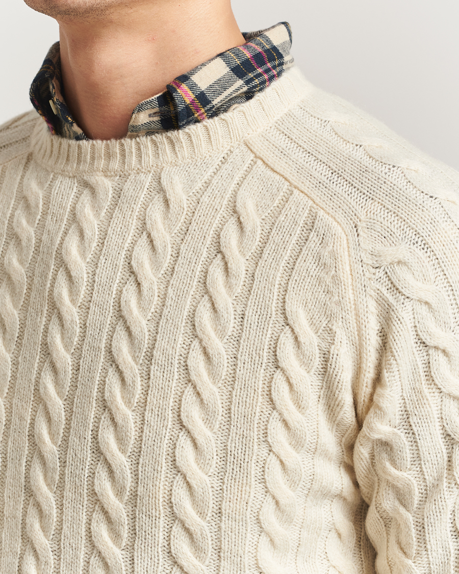BEAMS PLUS Cable Crew Neck Sweater Off White at CareOfCarl.com