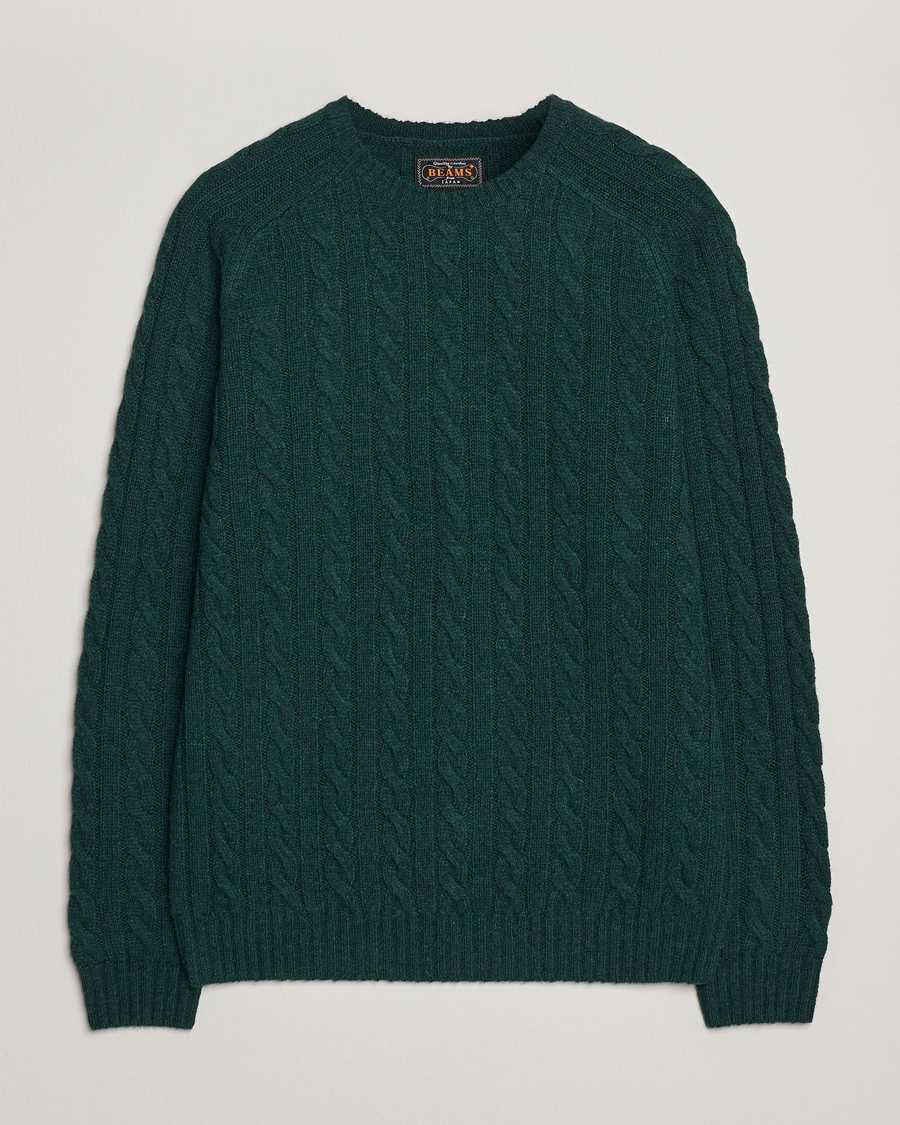 BEAMS PLUS Cable Crew Neck Sweater Bottle Green at CareOfCarl.com