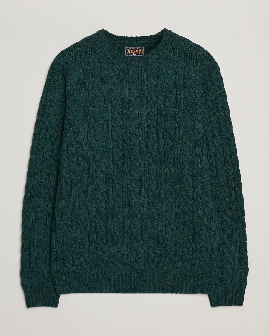 Men | Sweaters & Knitwear | BEAMS PLUS | Cable Crew Neck Sweater Bottle Green