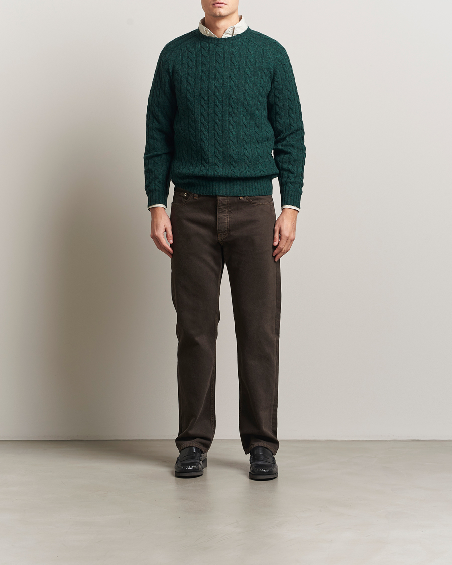 Men | Sweaters & Knitwear | BEAMS PLUS | Cable Crew Neck Sweater Bottle Green