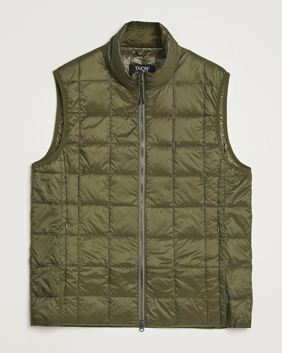 Men | Gilets | TAION | High Neck Full Zip Lightweight Down Vest Dark Olive