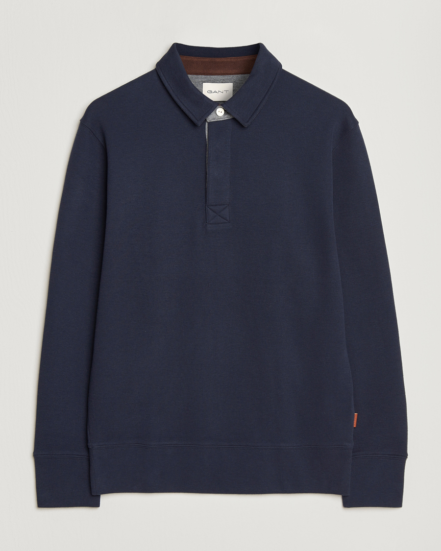 Men | Polo Shirts | Gant | Light Sacker Rib Long Sleeve Polo Evening Blue