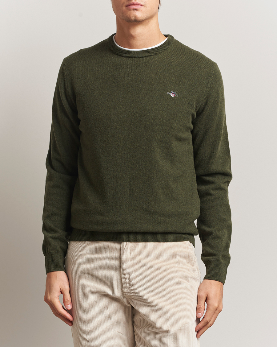 Men | Sweaters & Knitwear | Gant | Superfine Lambswool Crew Neck Khaki Green Melange