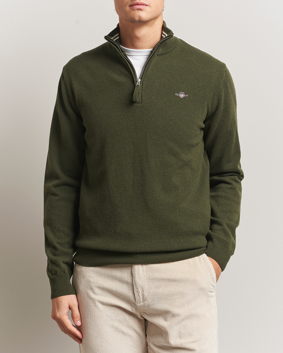 Men | Sweaters & Knitwear | Gant | Superfine Lambswool Half Zip Khaki Green Melange