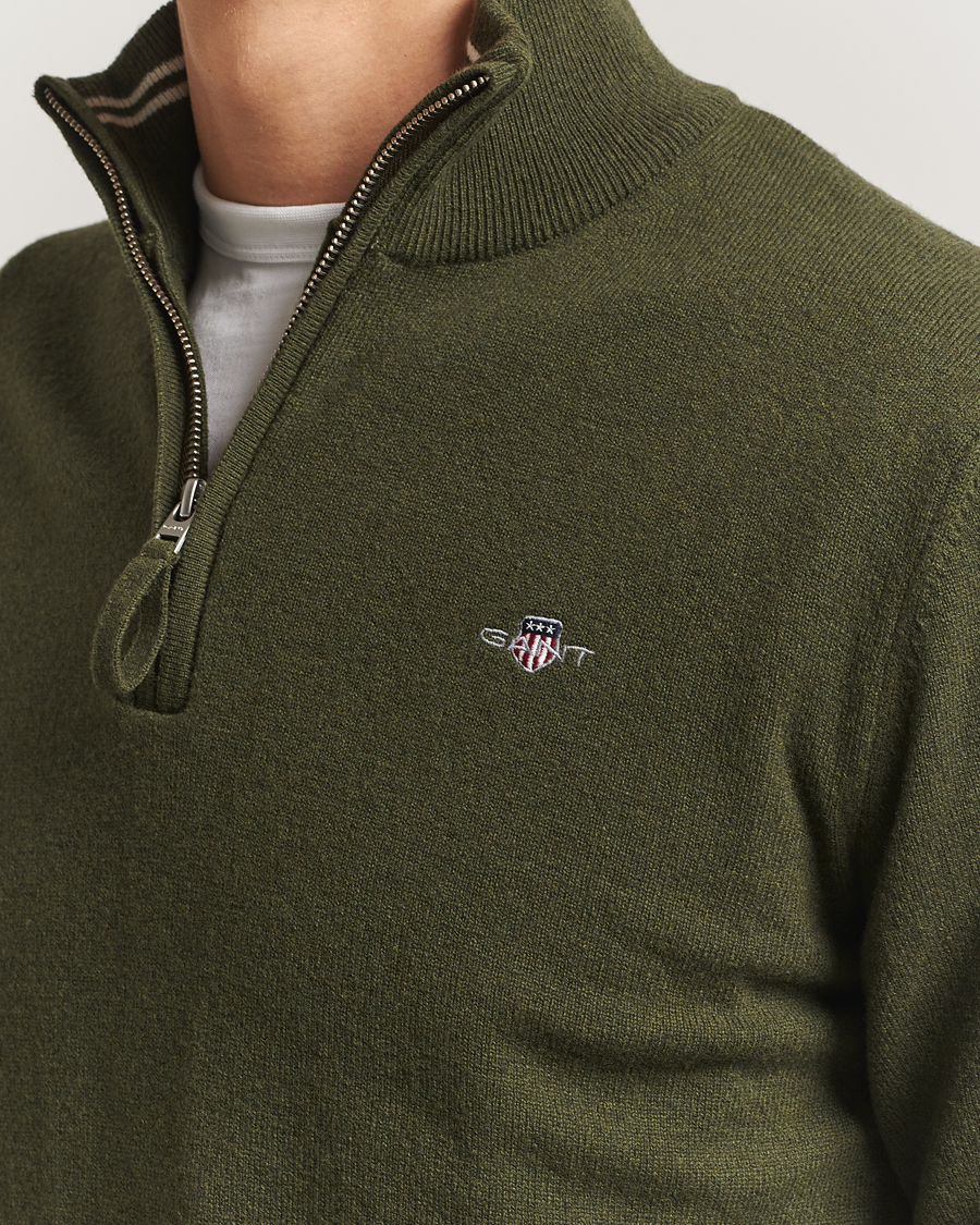 Men | Sweaters & Knitwear | GANT | Superfine Lambswool Half Zip Khaki Green Melange