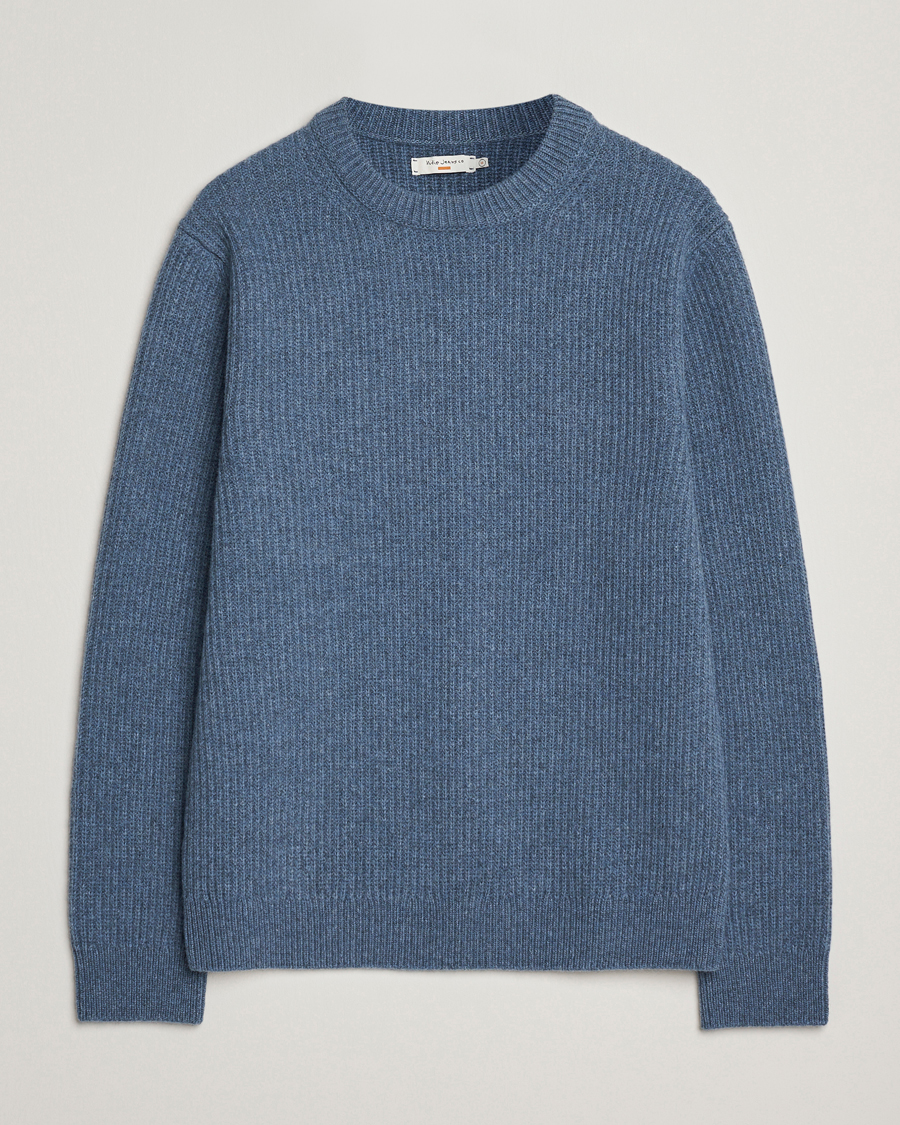 Men | Sweaters & Knitwear | Nudie Jeans | August Wool Rib Knitted Sweater Blue Melange
