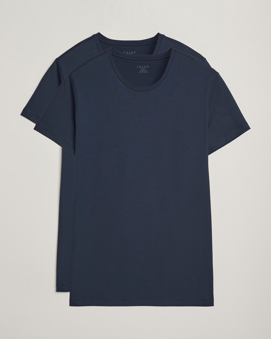 Men | T-Shirts | Falke | 2-Pack Cotton Crew Neck T-Shirt Midnight