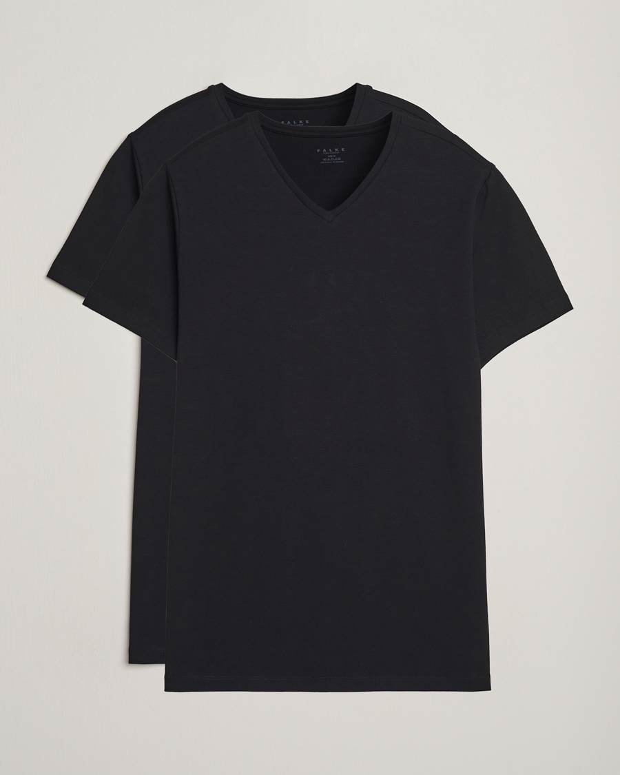 Men | T-Shirts | Falke | 2-Pack Cotton V-Neck T-Shirt Black