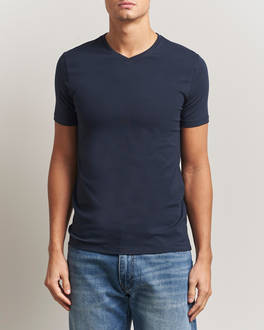 Men | T-Shirts | Falke | 2-Pack Cotton V-Neck T-Shirt Midnight