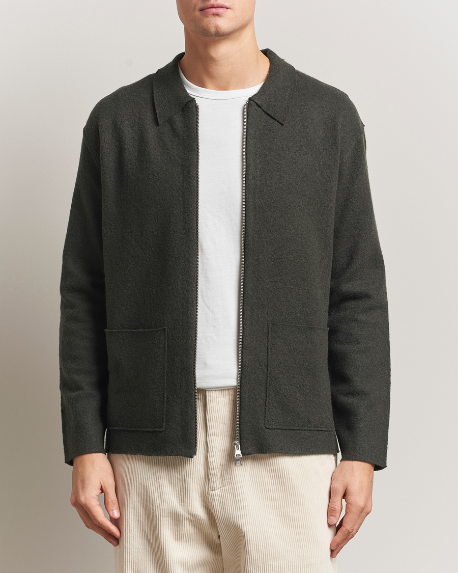 NN07 Jonas Boiled Wool Full Zip Dark Army at CareOfCarl.com