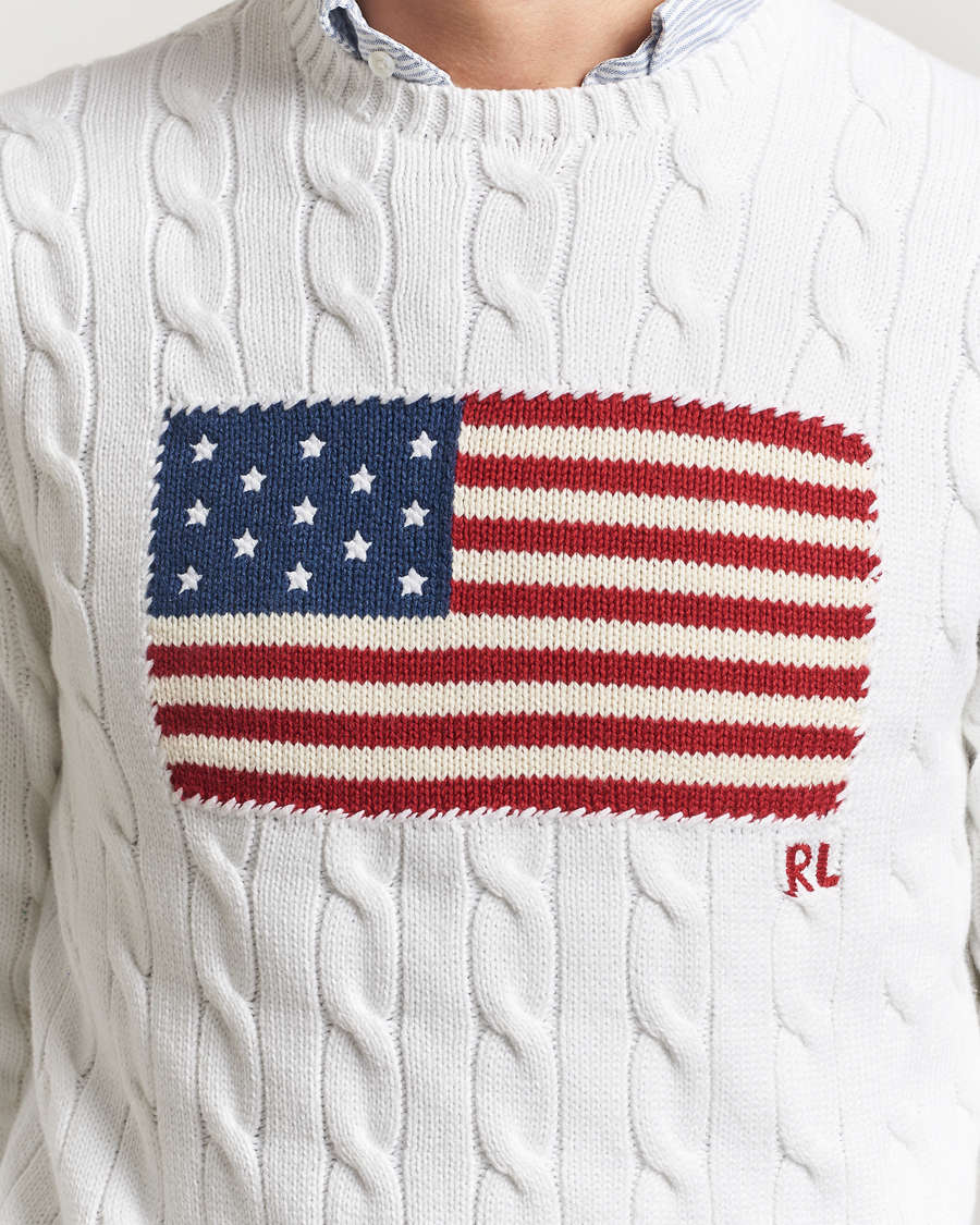 Men | Sweaters & Knitwear | Polo Ralph Lauren | Cotton Cable Flag Sweater Ceramic White