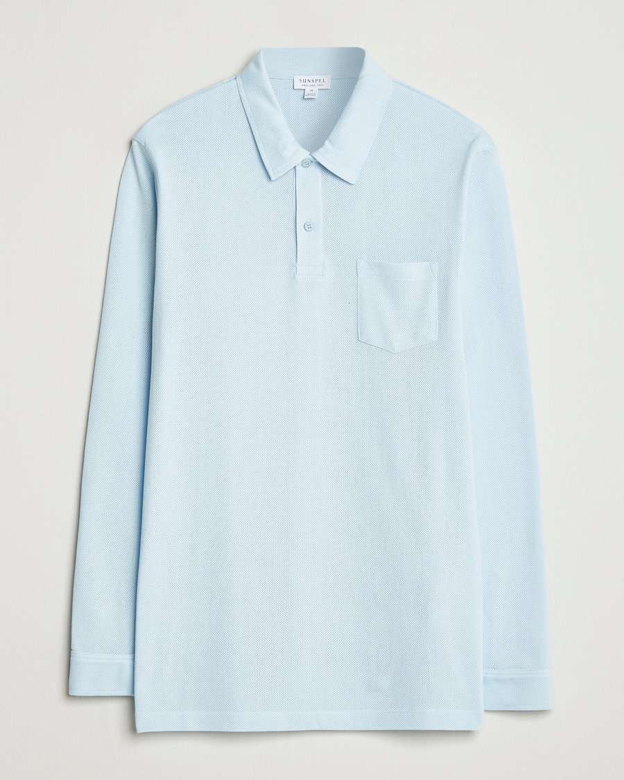 Men | Polo Shirts | Sunspel | Long Sleeve Riviera Polo Shirt Frost Blue