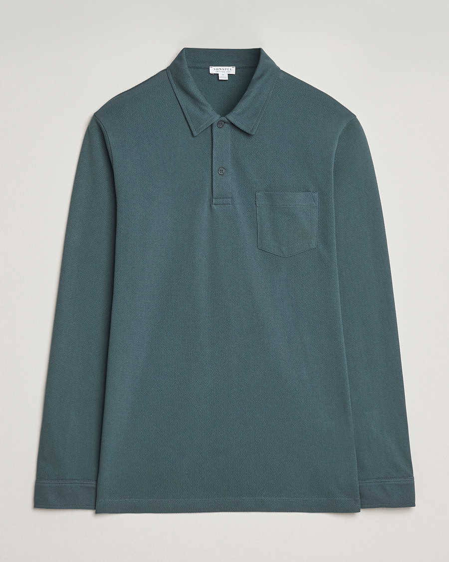 Men | Polo Shirts | Sunspel | Long Sleeve Riviera Polo Shirt Dark Petrol