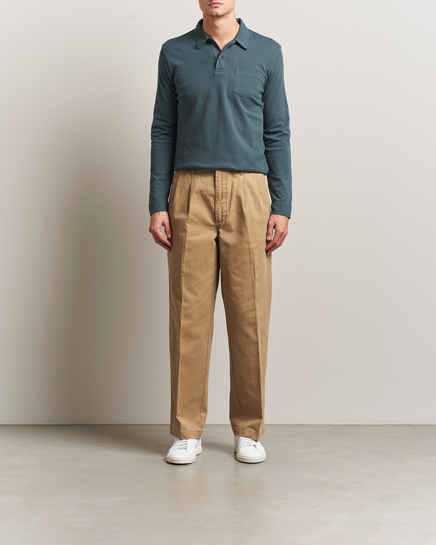 Men | Polo Shirts | Sunspel | Long Sleeve Riviera Polo Shirt Dark Petrol