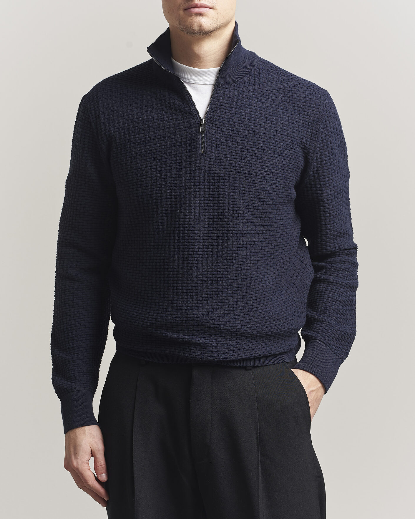 Men | Sweaters & Knitwear | BOSS BLACK | Ulicio Structured Knitted Half Zip Dark Blue