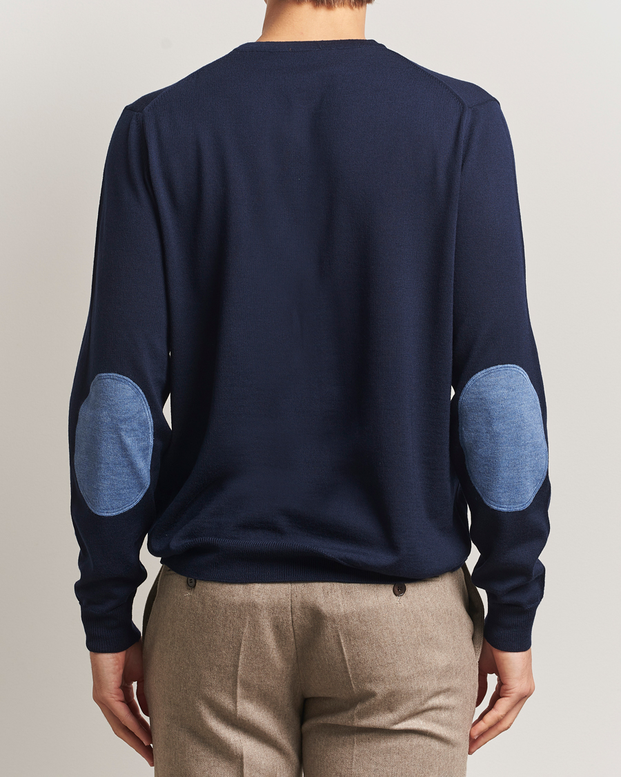 Men | Sweaters & Knitwear | Stenströms | Merino Patch Crew Neck Navy/Blue
