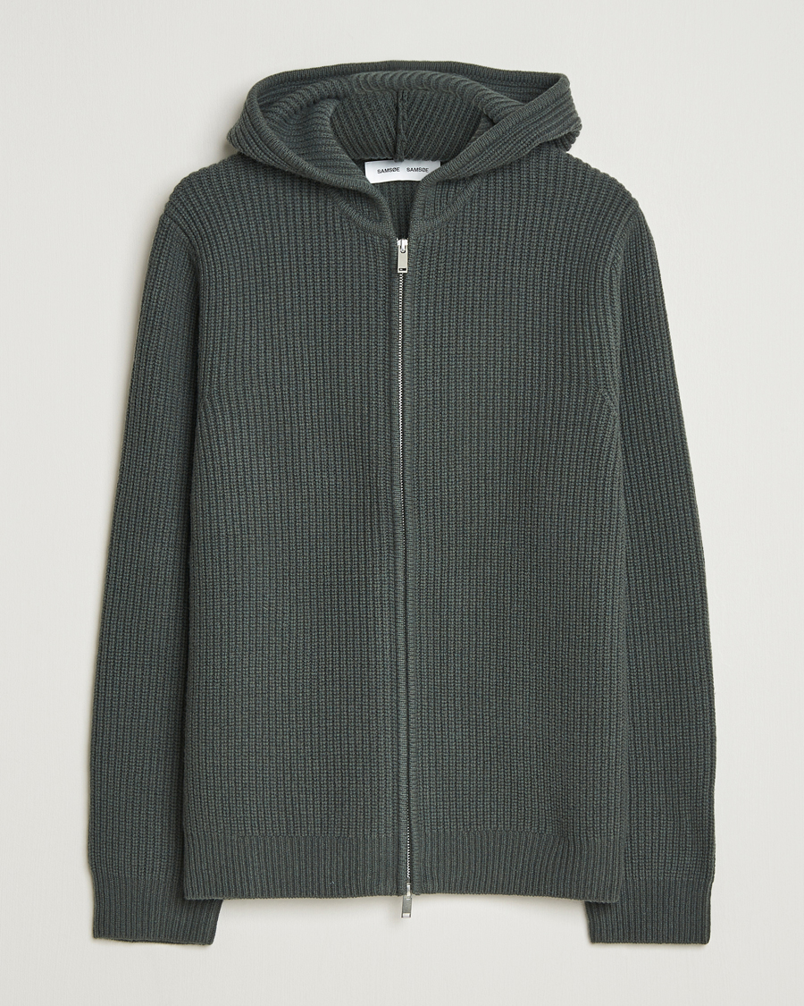 Men | Sweaters & Knitwear | Samsøe Samsøe | Isak Heavy Knitted Full Zip Hoodie Dark Evergreen
