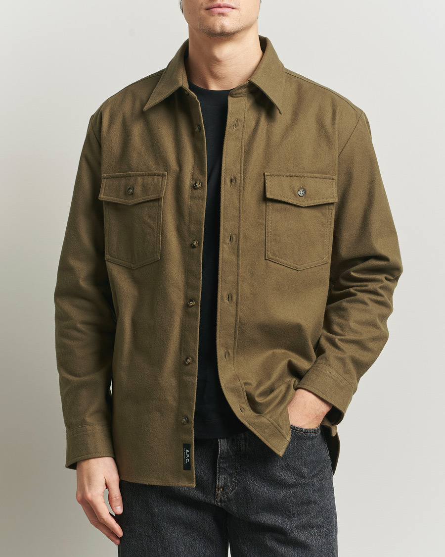 A.P.C. ミリタリーシャツ カーキ A.P.C. Brushed Cotton Overshirt Khaki at CareOfCarl.com