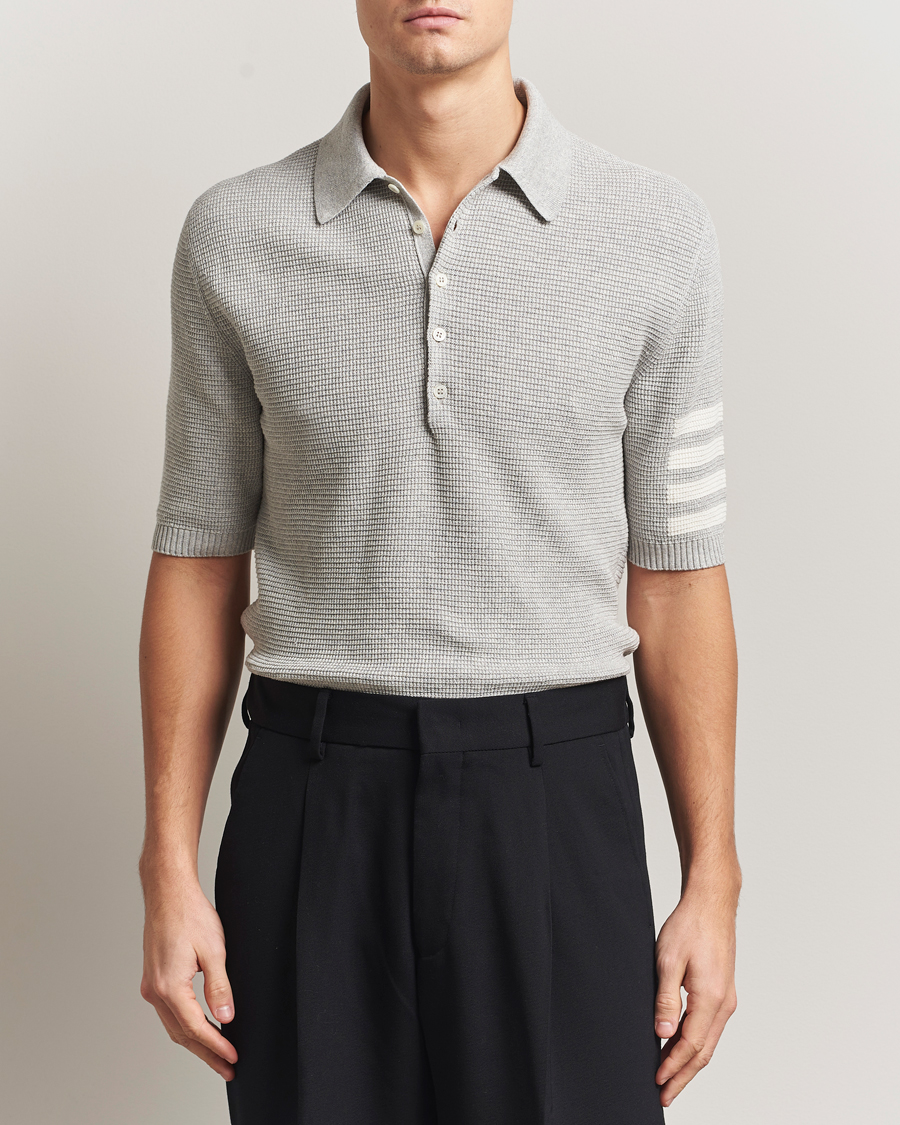 Men | Polo Shirts | Thom Browne | Textured 4 Bar Knitted Polo Light Grey