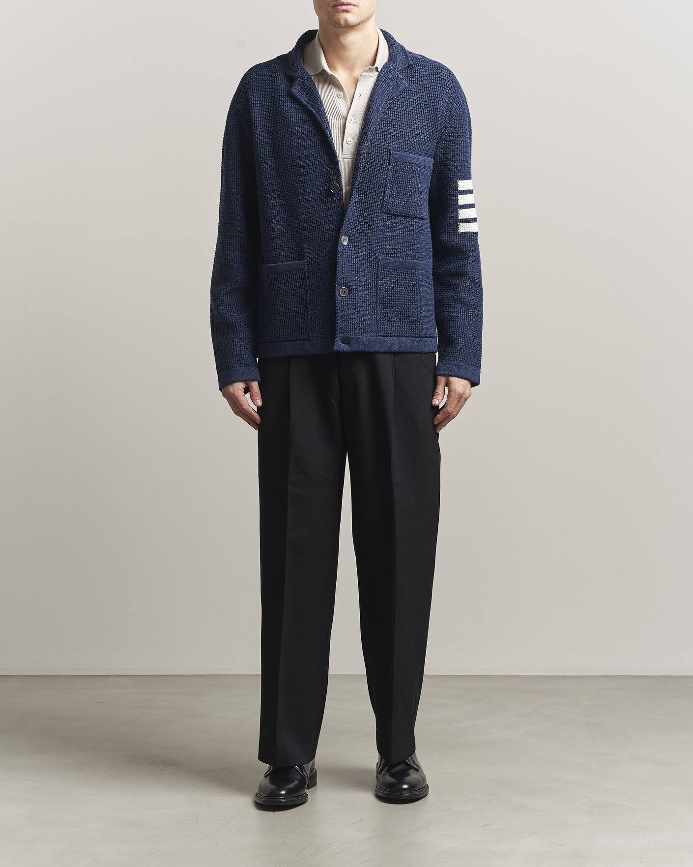 Thom Browne Textured 4 Bar Cardigan Jacket Navy at CareOfCarl.com