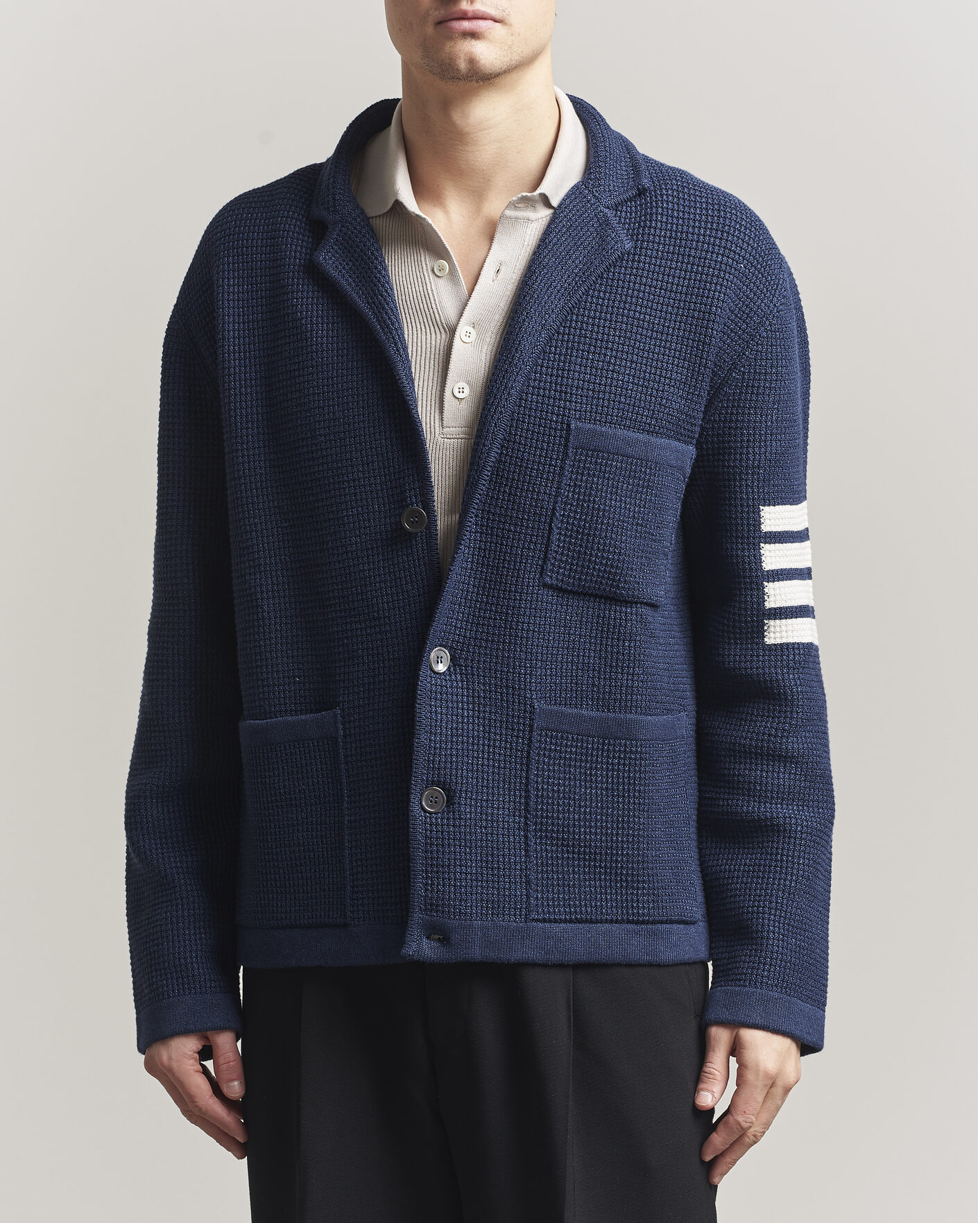 Thom Browne Textured 4 Bar Cardigan Jacket Navy at CareOfCarl.com